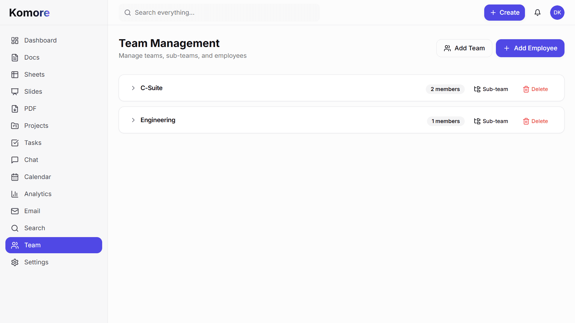 Komore team management